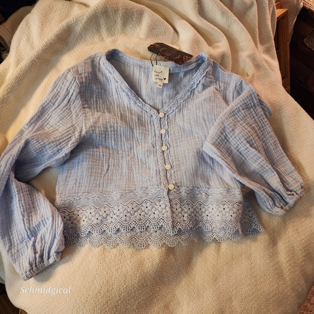 Heart and Arrow Charlotte Top Girls 7/8 Light Blue Cotton Gauze Lace Hem NWT